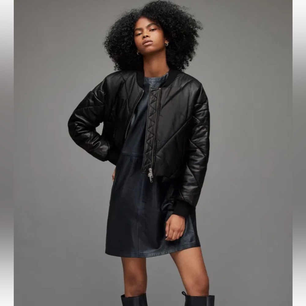 All Saints Lamb Leather Bailey Puffer Jacket - black / boxy oversized fit - Picture 5 of 13